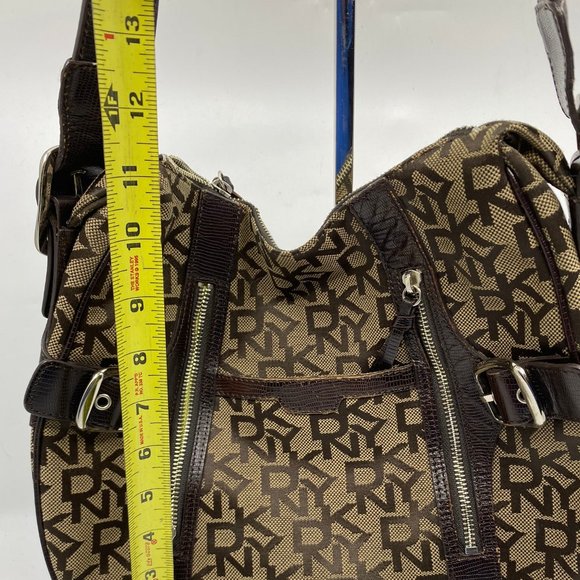 DKNY Brown Tan All Over Logo Fabric Hobo Bag - Picture 4 of 12